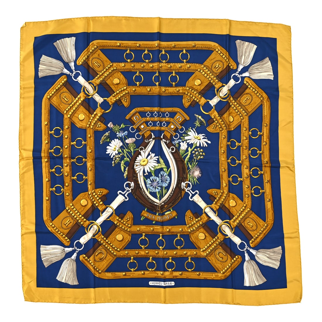 Hermes Silk Aux Champs Scarf 90: Hermes Silk Aux Champs Scarf 90 Brand: HERMES Condition: Shows Wear Condition Details: Exterior: Marks, frayed stitch(es), Other: Run(s), Length: 35 in Height: 34.75 in SKU no: RBJ1516075 <br