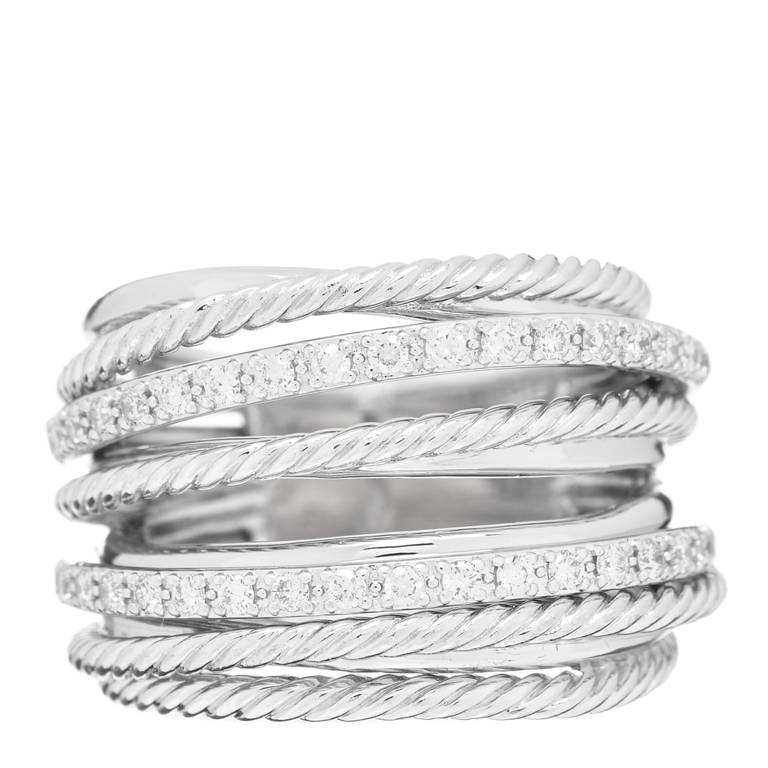 David Yurman Sterling Silver Diamond 17.8mm: David Yurman Sterling Silver Diamond 17.8mm Crossover Cable Ring 52 6 Brand: DAVID YURMAN Condition: Shows Wear Condition Details: Exterior: Warped or bent, Hardware: Scratch(es), , Due to grading lim