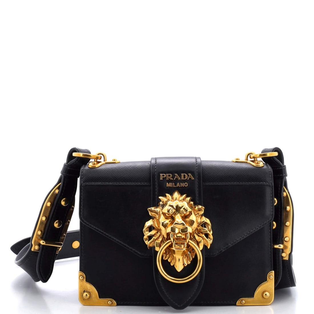 Prada Animalier Cahier Crossbody Bag City: Prada Animalier Cahier Crossbody Bag City Calf and Saffiano Small Exterior Color: Black Interior Color: Black Exterior Material: Leather Interior Material: Leather Hardware Color: Aged Gold Access