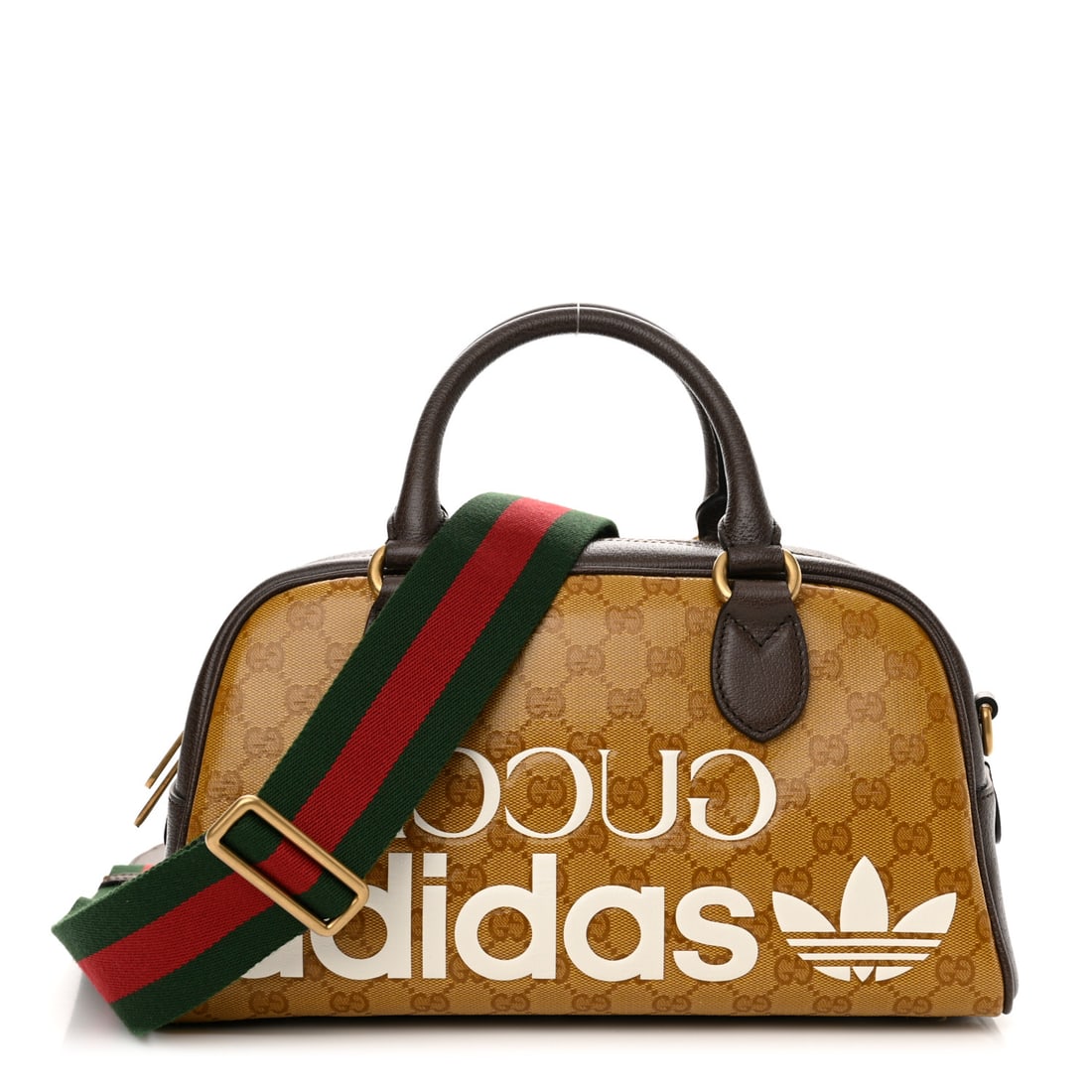 Gucci X ADIDAS Crystal Vintage Monogram: Gucci X ADIDAS Crystal Vintage Monogram Textured Dollar Calfskin Web Trefoil Logo Mini Bowling Bag Mid Natural Nut Off White New Acero This is an authentic?GUCCI X ADIDAS Crystal Vintage Monogram Text