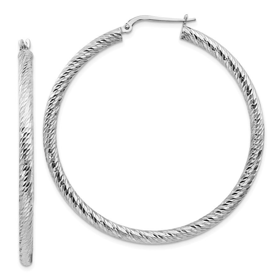 14k White Gold Diamond-cut Round Hoop: 14k White Gold Diamond-cut Round Hoop Earrings - 3x40 mm SKU no: RBJ184865 Metal: Gold Purity: 14K Finish: Polished Length Of Item: 40 mm Earring Closure: Wire & Clutch Earring Type: Hoop