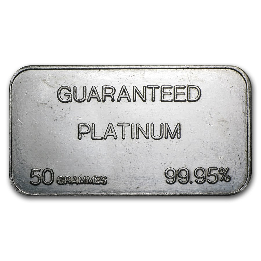50 gram Platinum Bar - Secondary: 50 gram Platinum Bar - Secondary Market (.999+ Fine) SKU no: RBJ77913 Grade: None Grade Service: None Mint Mark: None Metal Content: 1.6075 troy oz Purity: .999 Thickness: Varies mm <