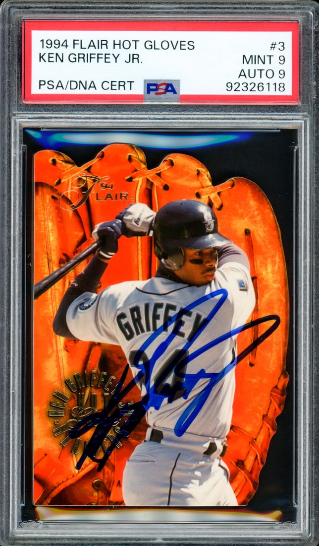 ken griffey jr. autographed 1994 flair: ken griffey jr. autographed 1994 flair hot gloves card PSA 9 auto mint 9 PSA/DNA Ken Griffey Jr. Autographed 1994 Flair Hot Gloves Card PSA 9 Auto Mint 9 PSA/DNA SKU no: RBJ8150634528856
