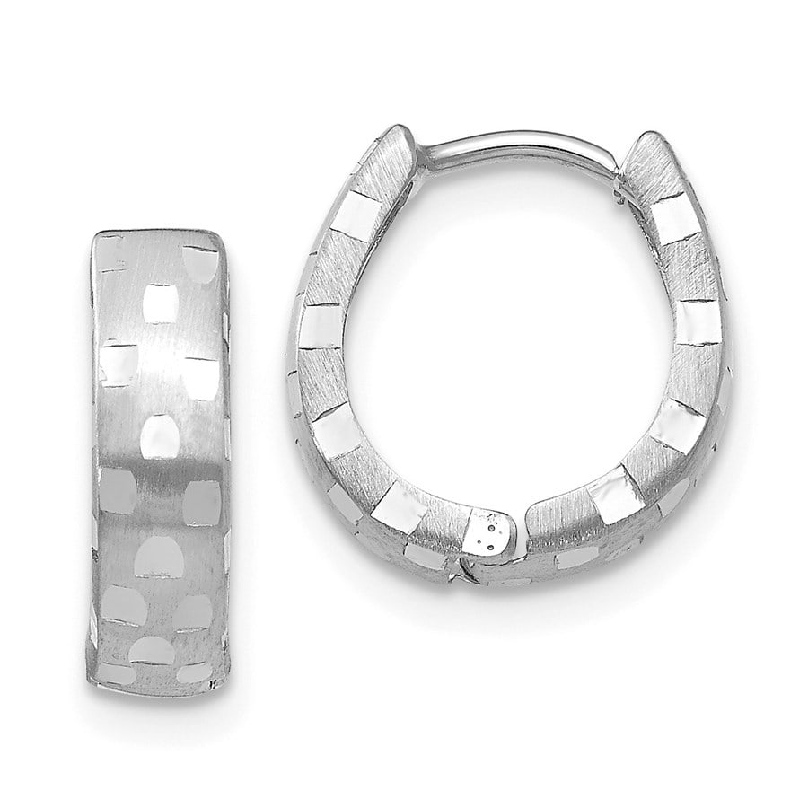 14k White Gold Diamond Cut 4: 14k White Gold Diamond Cut 4 mm Patterned Hinged Hoop Earrings SKU no: RBJ163956 Metal: Gold Purity: 14k Length Of Item: 14 mm Earring Closure: Hinged Earring Type: Hinged / Huggie