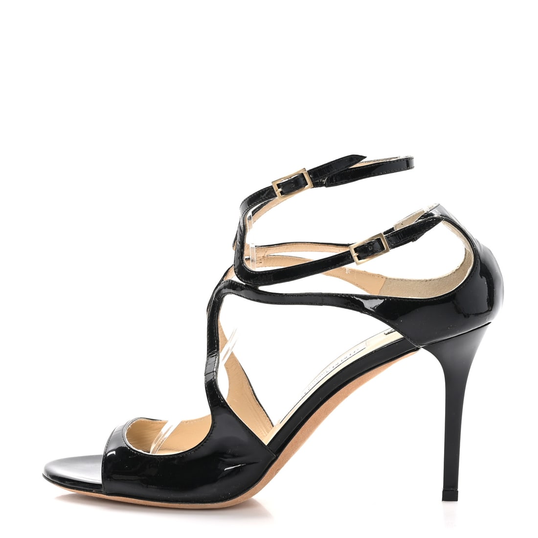 Jimmy Choo Patent Ivette 90 Sandals: Jimmy Choo Patent Ivette 90 Sandals 38.5 Black Brand: JIMMY CHOO Condition: Shows Wear Condition Details: Exterior: Creases, frayed stitch(es), sizing marks, Other: Scuffs at soles, marks on sole(s),