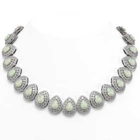 100.62 ctw Certified Opal & Diamond Victorian Necklace 14K White Gold