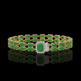 12.3 ctw Jade & Diamond Bracelet 14K Yellow Gold