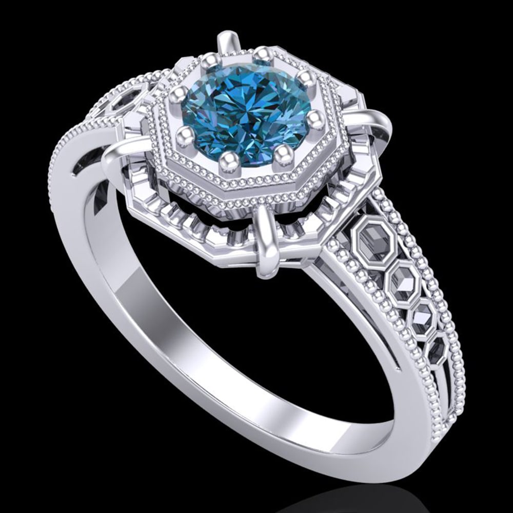 0.53 ctw Fancy Intense Blue Diamond Art Deco Ring 18k White Gold: 0.53 ctw Fancy Intense Blue Diamond Art Deco Ring 18k White Gold Item: Diamond Wedding Ring Total Gem weight: 0.53 carats Metal: Solid 18k White Gold Gold Product Weight: Approx. 5.1 grams Jewelr