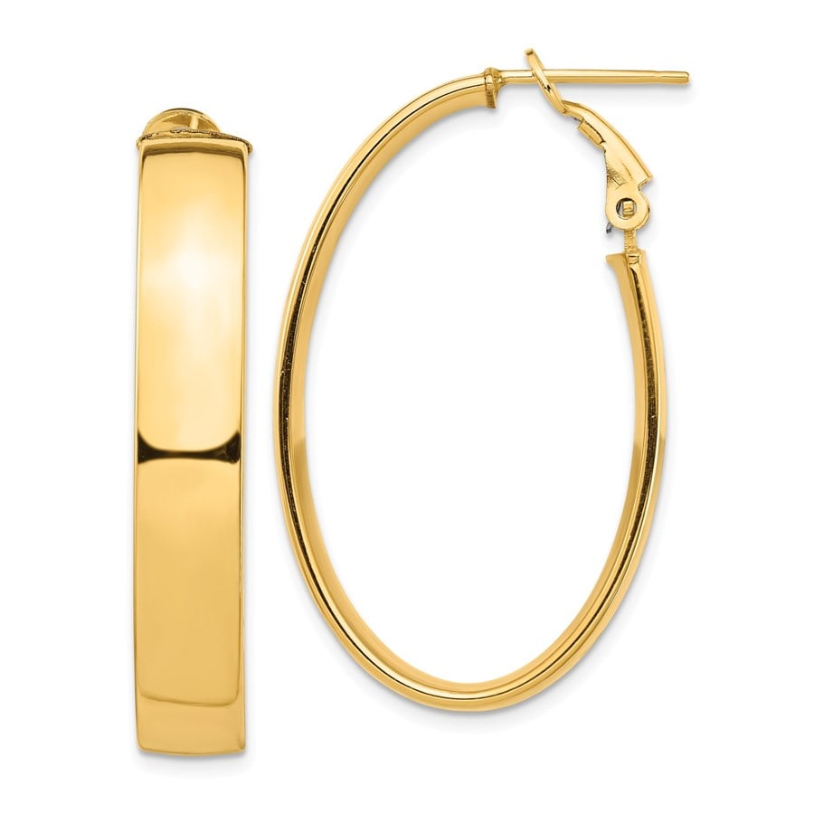 14k Yellow Gold Omega Back Oval: 14k Yellow Gold Omega Back Oval Hoop Earrings - 7x24 mm SKU no: RBJ184417 Metal: Gold Purity: 14K Finish: Polished Length Of Item: 39.33 mm Earring Closure: Omega Clip Back Earring Type: