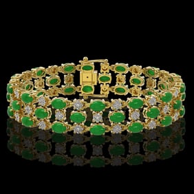 11.02 ctw Jade & Diamond Row Bracelet 10K Yellow Gold