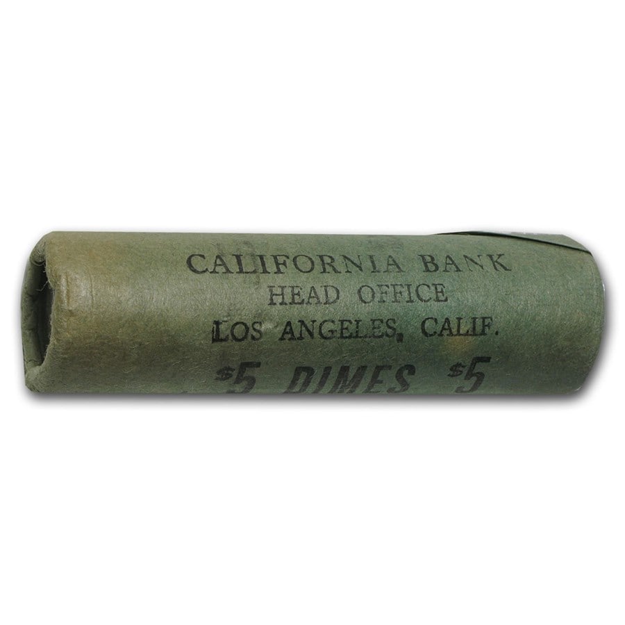 90% Silver Roosevelt Dimes 50-Coin Roll: 90% Silver Roosevelt Dimes 50-Coin Roll BU (Bank Wrapped) Product ID: 55531 Year: Random Grade: Brilliant Unc Grade Service: None Denomination: 10 Cents Mint Mark: Varies Metal Content: 3