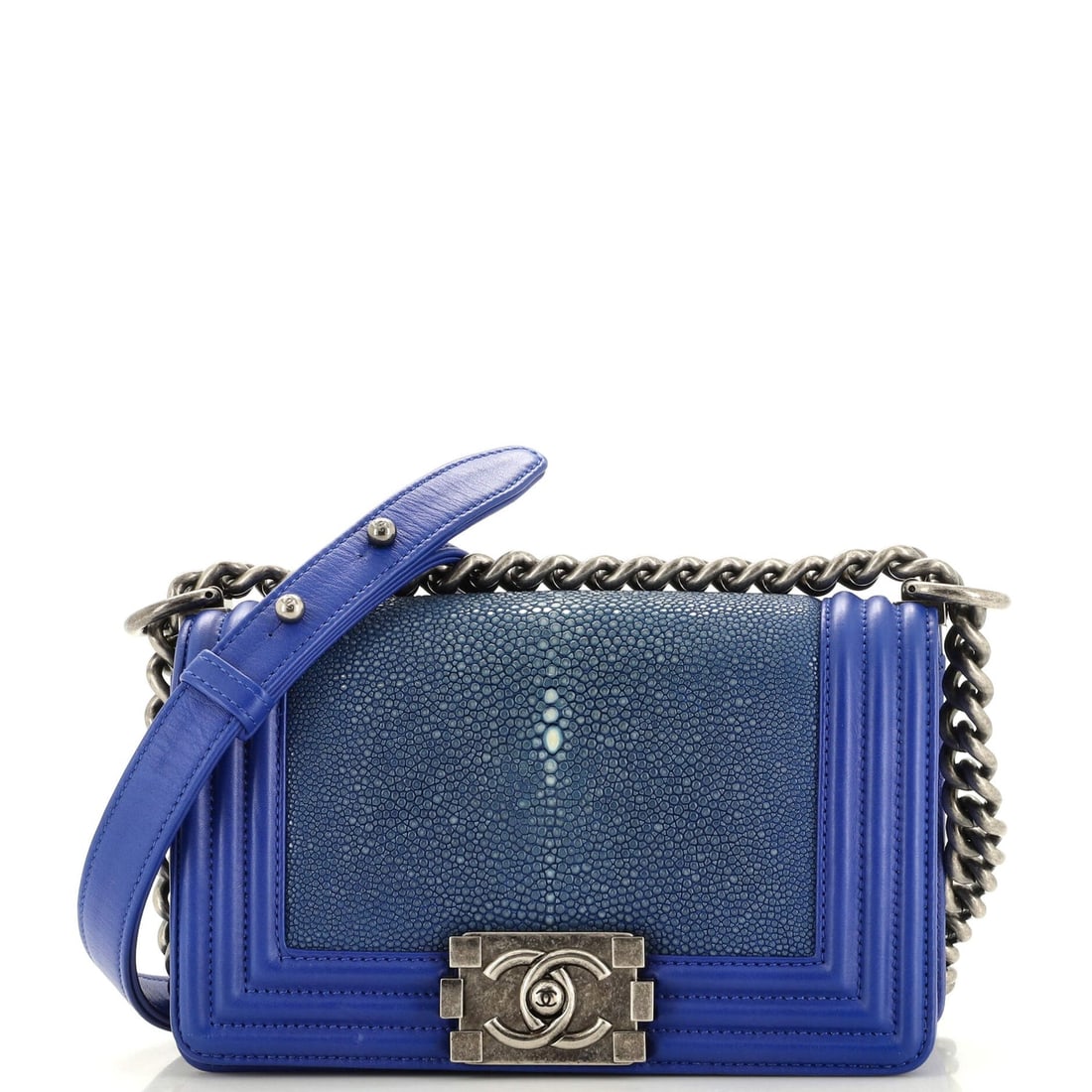 Chanel Boy Flap Bag Stingray Small: Chanel Boy Flap Bag Stingray Small Exterior Color: Blue Interior Color: Blue Exterior Material: Stingray Interior Material: Leather Hardware Color: Aged Silver Accessories: Dust bag SKU n