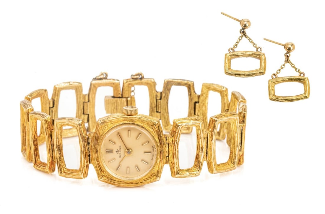 Vintage Bucherer 18K Gold Ladies Textured: Vintage Bucherer 18K Gold Ladies Textured Square Link Bracelet Watch Brand: Bucherer Case Material: Gold, 18k Gold, Yellow Gold Case Dimensions: Width: 0.8 in (20.16 mm) Style: Retro Period: 1990-1999
