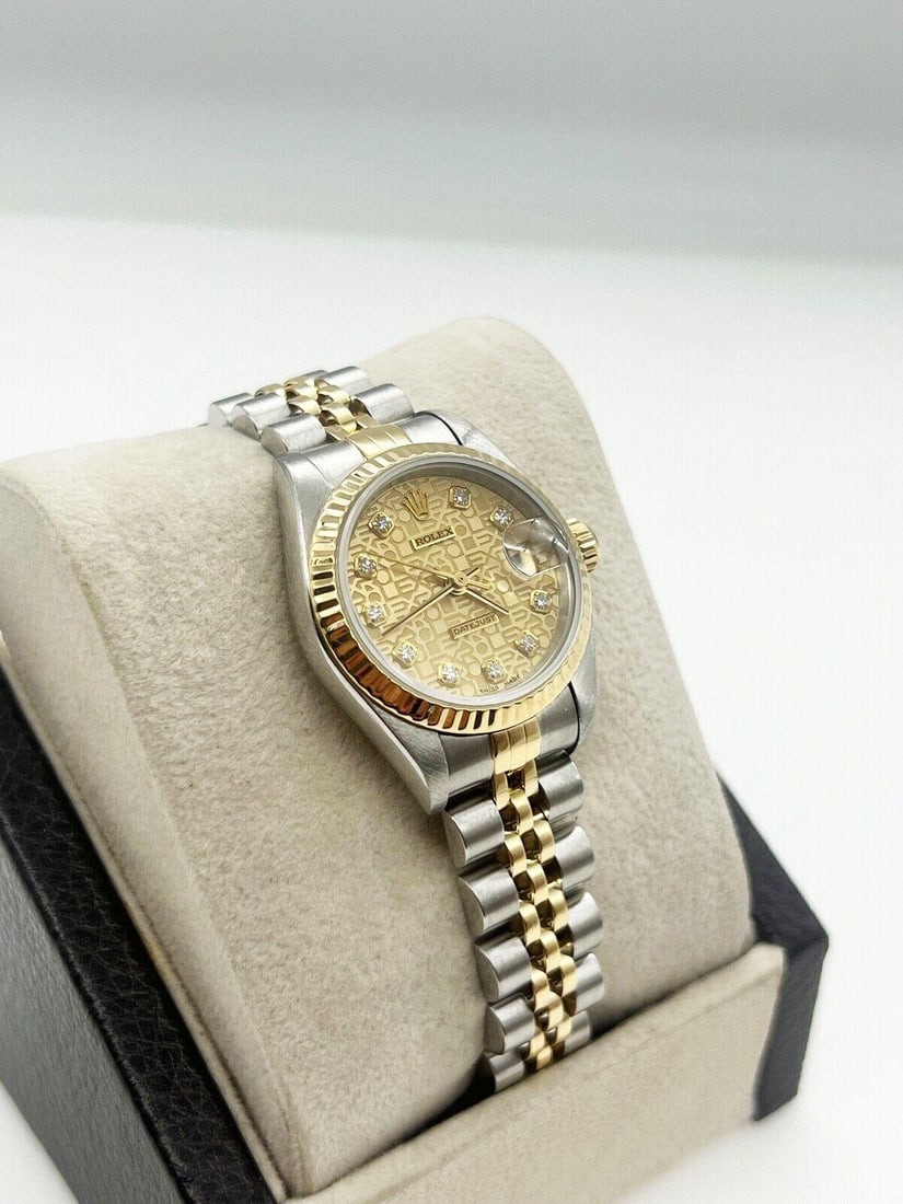 Rolex Ladies Datejust 69173 Jubilee Serti: Rolex Ladies Datejust 69173 Jubilee Serti Diamond Dial 18K Gold Steel Box Papers Brand: Rolex Period: 2000-2009 Date of Manufacture: 2000 Condition: Excellent. In original box. Style Number: 69173