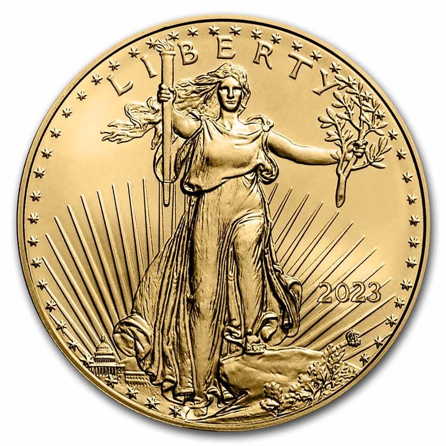 2023 1 oz American Gold Eagle: 2023 1 oz American Gold Eagle BU SKU no: RBJ258636 Year: 2023 Grade: Brilliant Unc Grade Service: None Denomination: 50 Dollars Mint Mark: W - West Point (Not Shown) Metal Content: 1 troy