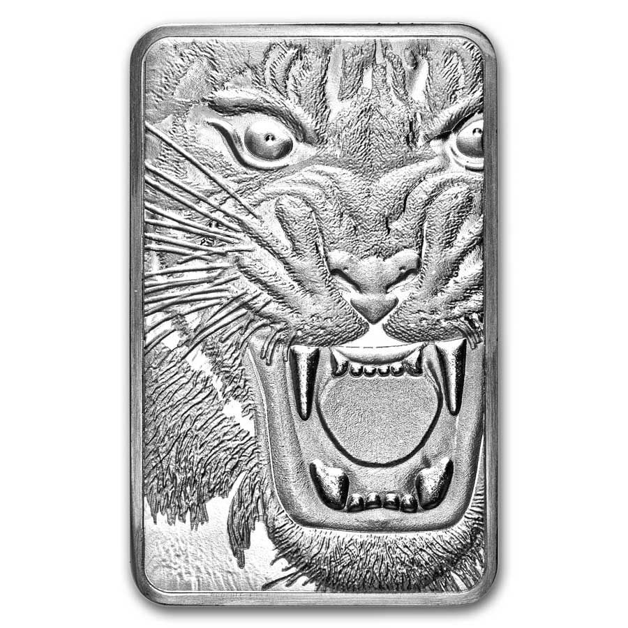 10 oz Silver Bar - MMTC: 10 oz Silver Bar - MMTC - PAMP Royal Bengal Tiger (No Packaging) SKU no: RBJ304355 Grade: None Grade Service: Assay Card Mint Mark: N/A - Not Available Metal Content: 10 troy oz Purity: .999 <