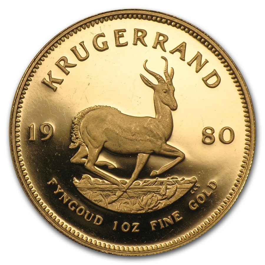 1980 South Africa 1 oz Proof: 1980 South Africa 1 oz Proof Gold Krugerrand SKU no: RBJ23736 Year: 1980 Grade: Proof Grade Service: None Mint Mark: Not Shown Metal Content: 1 troy oz Purity: .9167 Thickness: 2