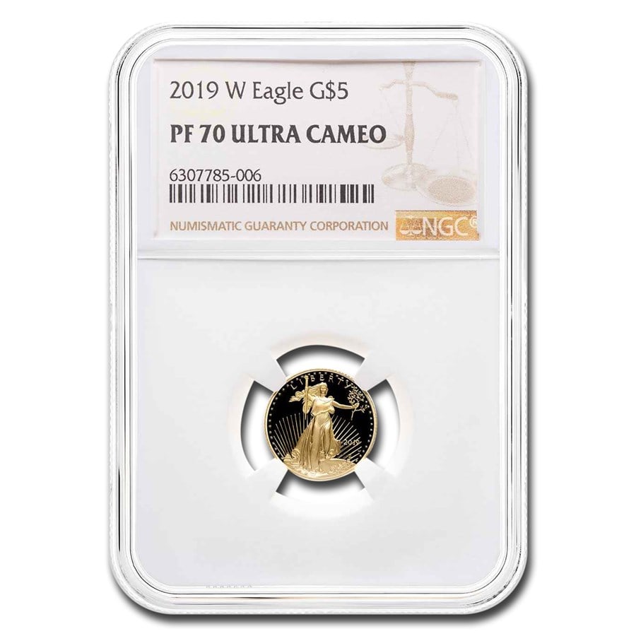 2019-W 1/10 oz Proof Gold Eagle: 2019-W 1/10 oz Proof Gold Eagle PF-70 UCAM NGC SKU no: RBJ254960 Year: 2019 Grade Service: NGC Denomination: 5 Dollars Metal Content: 0.1 troy oz Purity: .9167 Thickness: 1.19 mm