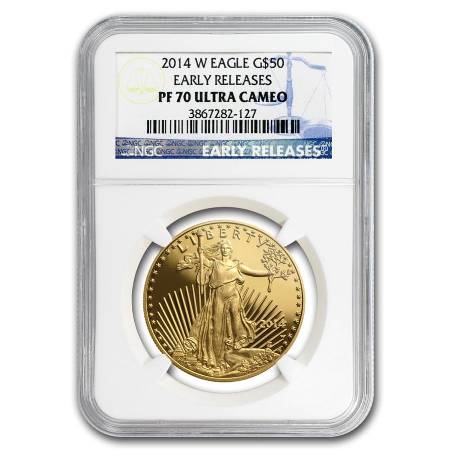 2014-W 1 oz Proof Gold Eagle: 2014-W 1 oz Proof Gold Eagle PF-70 UCAM NGC (Early Releases) SKU no: RBJ79349 Year: 2014 Grade Service: NGC Denomination: 50 Dollars Metal Content: 1 troy oz Purity: .9167 Thickness: 2.87