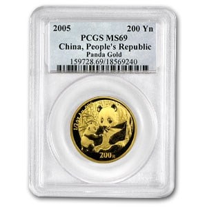 2005 China 1/2 oz Gold Panda: 2005 China 1/2 oz Gold Panda MS-69 PCGS SKU no: RBJ22895 Year: 2005 Grade Service: PCGS Denomination: 200 Yuan Metal Content: 0.5 troy oz Purity: .999 Thickness: 1.85 mm Diameter