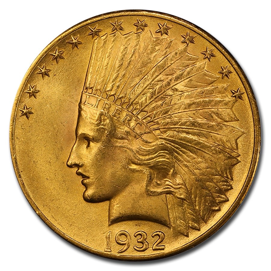 1932 $10 Indian Gold Eagle MS-65+: 1932 $10 Indian Gold Eagle MS-65+ PCGS SKU no: RBJ115292 Year: 1932 Grade Service: PCGS Denomination: 10 Dollars Metal Content: 0.4838 troy oz Purity: .900 Thickness: 2.03 mm Dia
