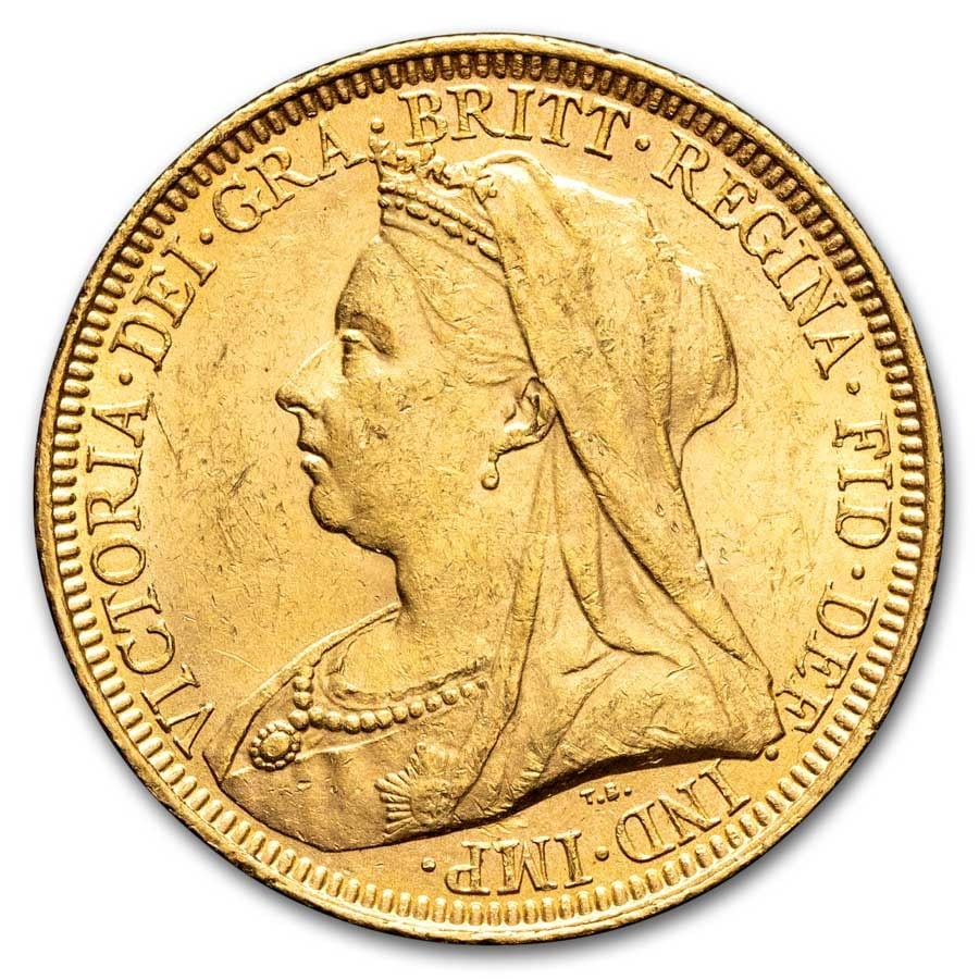 1893-1901 Australia Gold Sovereign Victoria Veil: 1893-1901 Australia Gold Sovereign Victoria Veil Head AU SKU no: RBJ308049 Year: Varies Grade: Almost Unc Grade Service: None Denomination: 1 Sovereign Mint Mark: Varies Metal Content: 0.