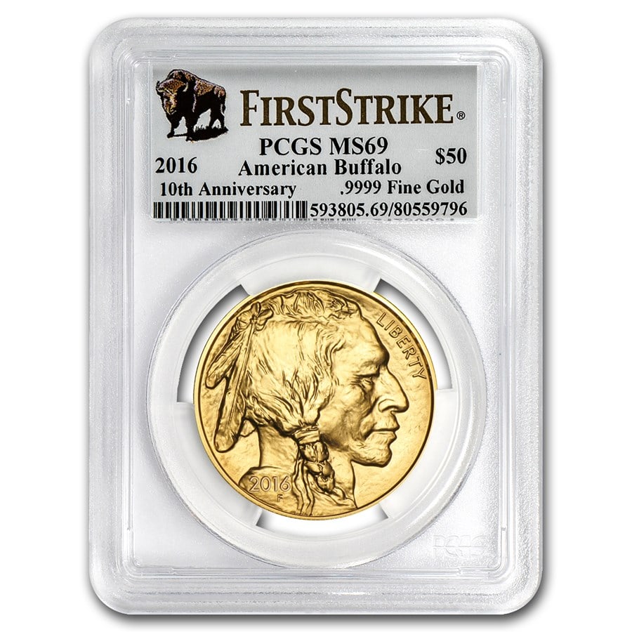 2016 1 oz Gold Buffalo MS-69: 2016 1 oz Gold Buffalo MS-69 PCGS (FirstStrike) SKU no: RBJ94026 Year: 2016 Grade Service: PCGS Denomination: 50 Dollars Metal Content: 1 troy oz Purity: .9999 Thickness: 2.95 mm