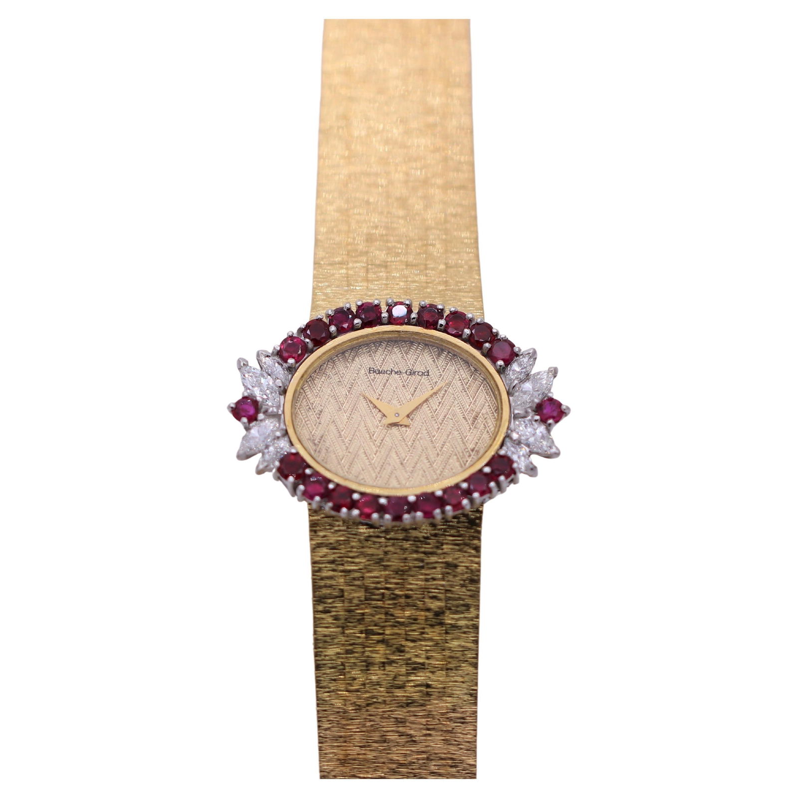 Elegant 18k Vintage Bueche-Girod Ruby and: Elegant 18k Vintage Bueche-Girod Ruby and Diamond Wrist Watch Brand: Bueche Girod Case Material: 18k Gold Stone: Diamond, Ruby Stone Cut: Brilliant Cut Weight: 56.5 g Case Dimensions: Width: 1.33