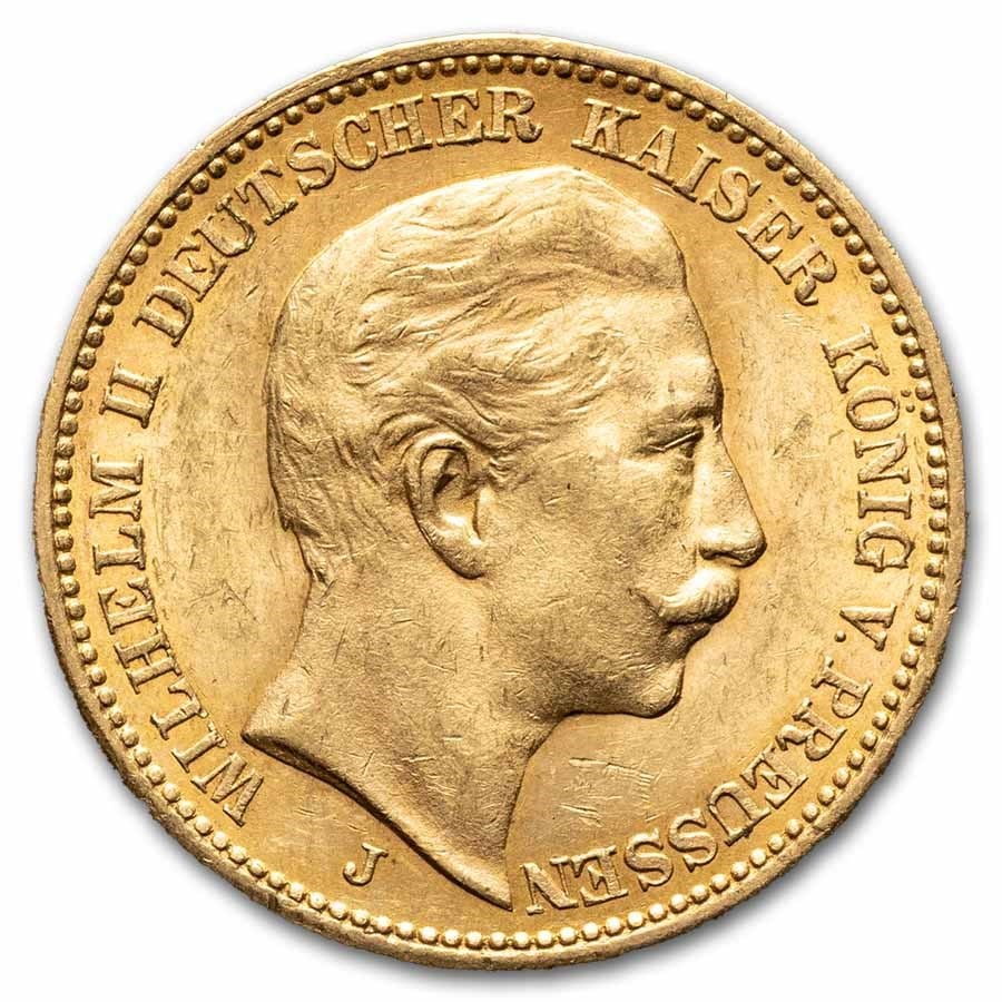 1910-J Germany Gold 20 Marks Prussia: 1910-J Germany Gold 20 Marks Prussia William II BU Product ID: 305739 Year: 1910 Grade: Brilliant Unc Grade Service: None Denomination: 20 Mark Mint Mark: J - Hamburg Metal Content: 0.230