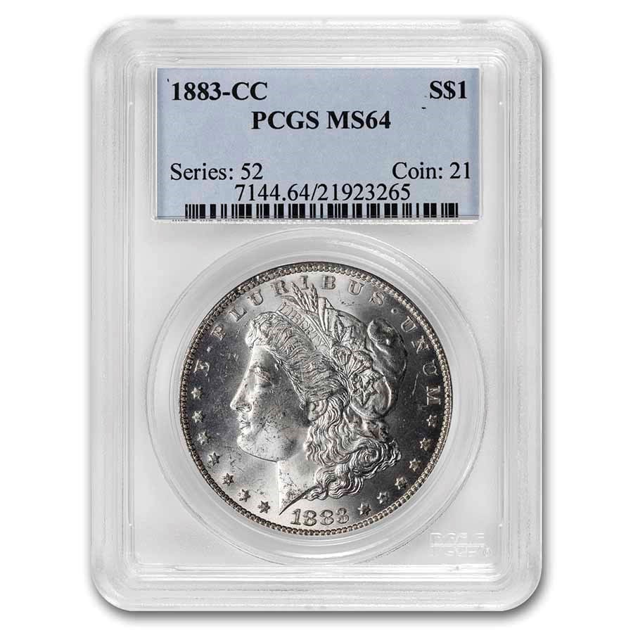 1883-CC Morgan Dollar MS-64 PCGS: 1883-CC Morgan Dollar MS-64 PCGS Product ID: 7531 Year: 1883 Grade Service: PCGS Denomination: $1.00 Metal Content: 0.7734 troy oz Purity: .900 Thickness: 3.1 mm Diameter: 38.1 m