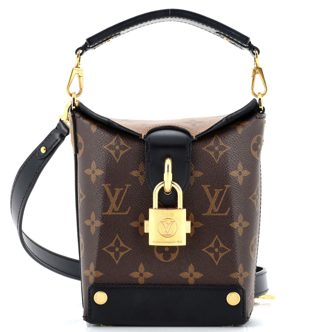 Louis Vuitton Bento Box Handbag Reverse: Louis Vuitton Bento Box Handbag Reverse Monogram Canvas Exterior Color: Brown Interior Color: Black Exterior Material: Canvas Coated Interior Material: Microfiber Hardware Color: Gold Accessories: