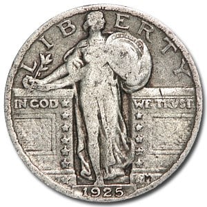 1925 Standing Liberty Quarter Good/VG: 1925 Standing Liberty Quarter Good/VG SKU no: RBJ5492 Year: 1925 Grade: Good/Very Good Grade Service: None Denomination: $0.25 Mint Mark: P - Philadelphia (Not Shown) Metal Content: 0.178