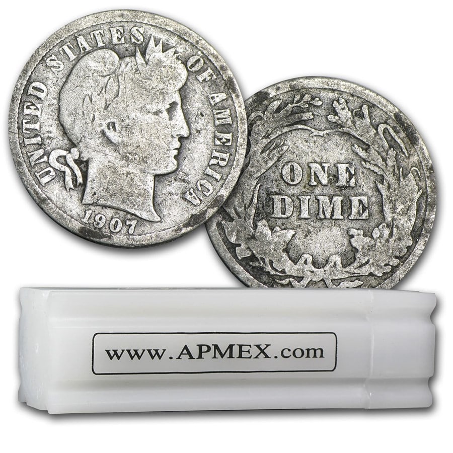 90% Silver Barber Dimes 50-Coin Roll: 90% Silver Barber Dimes 50-Coin Roll Good/Better Product ID: 31028 Year: Random Grade: Good or Better Grade Service: None Denomination: $0.10 Mint Mark: Varies Metal Content: 3.575 troy o