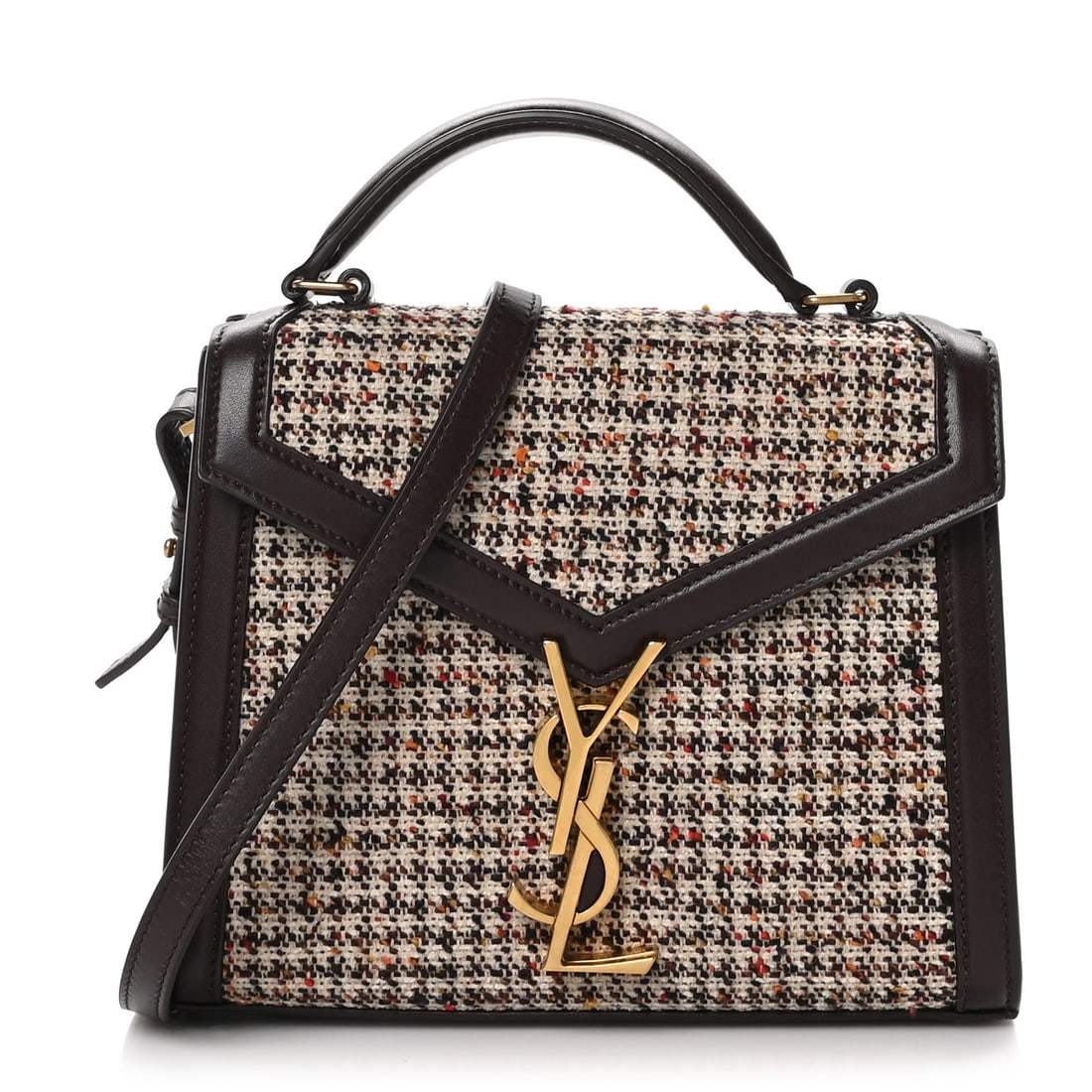 Saint Laurent Tweed Calfskin Mini Classic: Saint Laurent Tweed Calfskin Mini Classic Monogram Cassandra Top Handle Umber Brand: SAINT LAURENT Condition: Excellent Condition Details: , Strap, Dust bag Length: 7.75 in Height: 6.25 in Width: