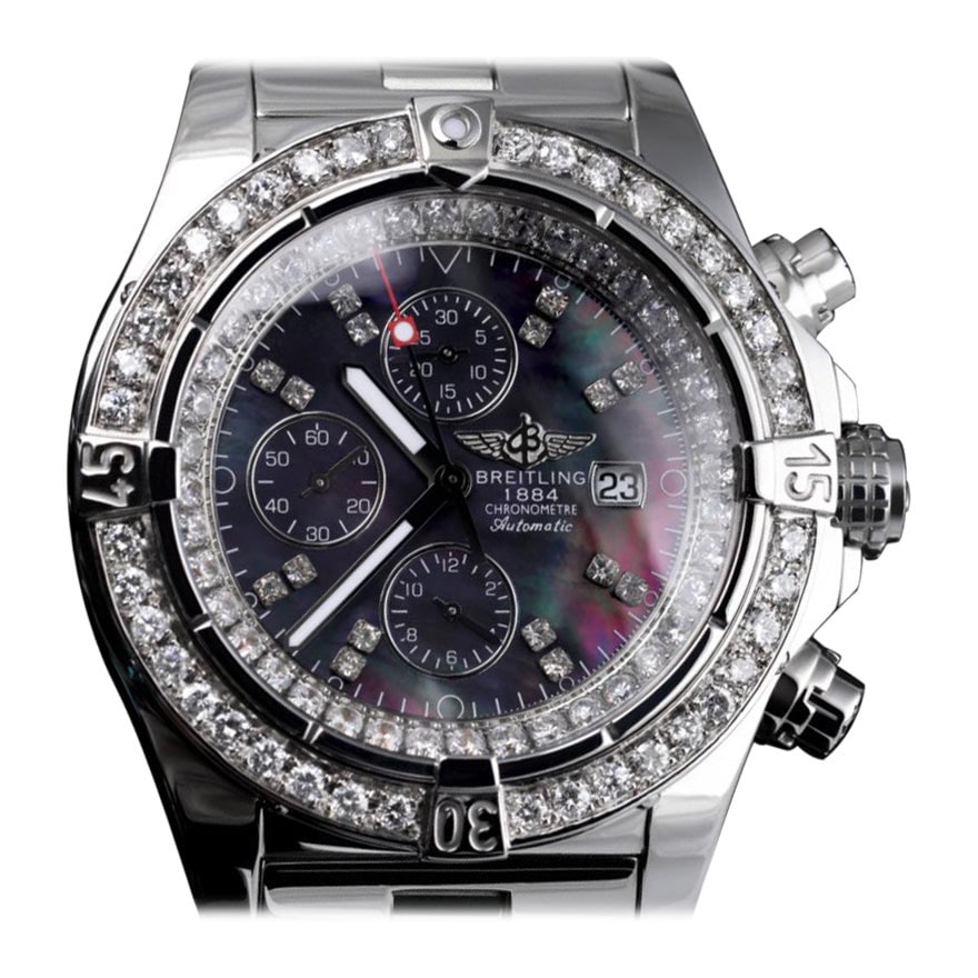 Breitling Super Avenger Stainless Steel Customized: Breitling Super Avenger Stainless Steel Customized with Genuine Diamonds A13370 Brand: Breitling Design: Super Avenger Chronograph 48Avenger Collection Case Material: Stainless Steel Stone: Diamond St