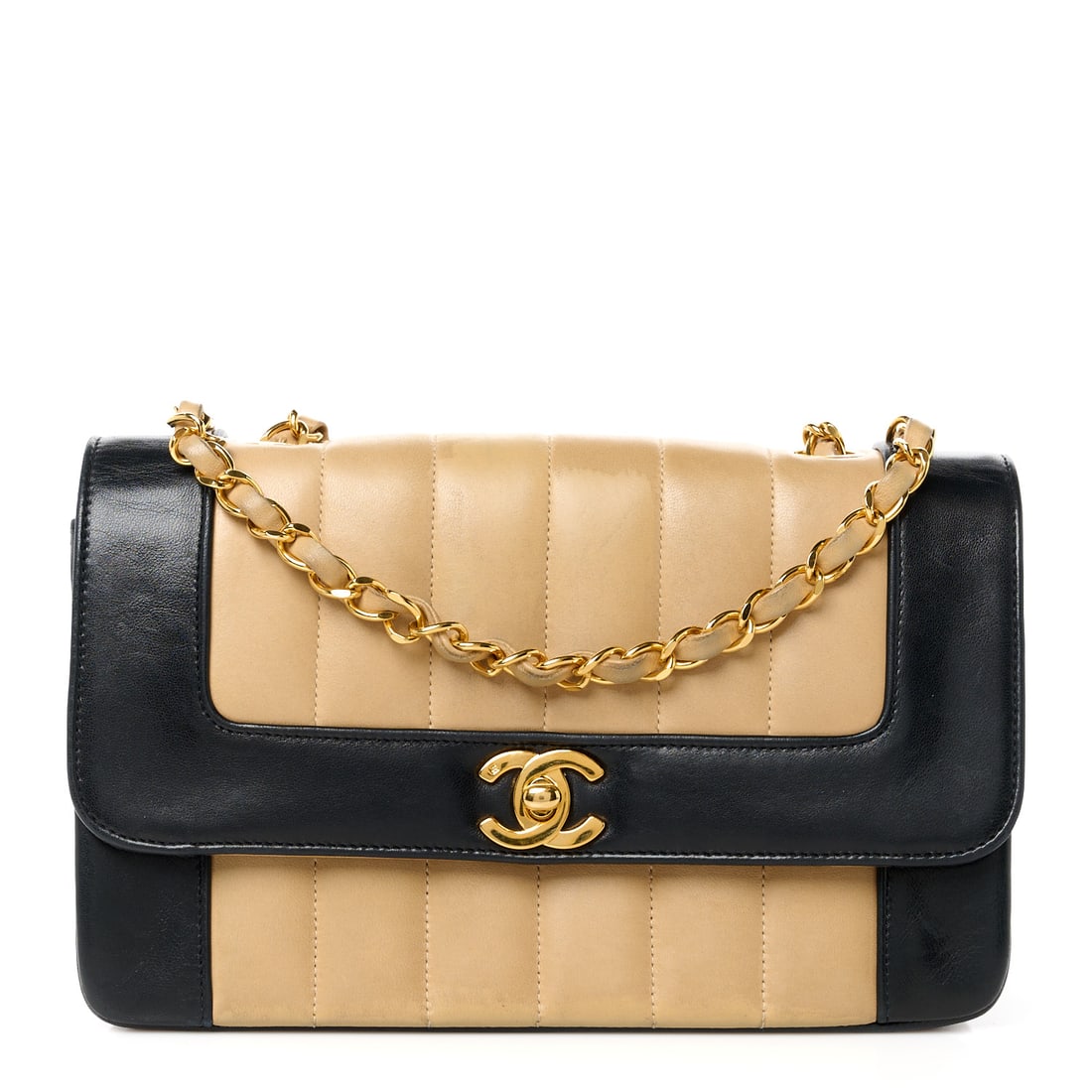 Chanel Lambskin Vertical Quilted Small Flap: Chanel Lambskin Vertical Quilted Small Flap Beige Black Brand: CHANEL Condition: Shows Wear Condition Details: Exterior: Scuffs, edge wear, marks, painted or dyed, surface wear, Handle: Edge wear, scu