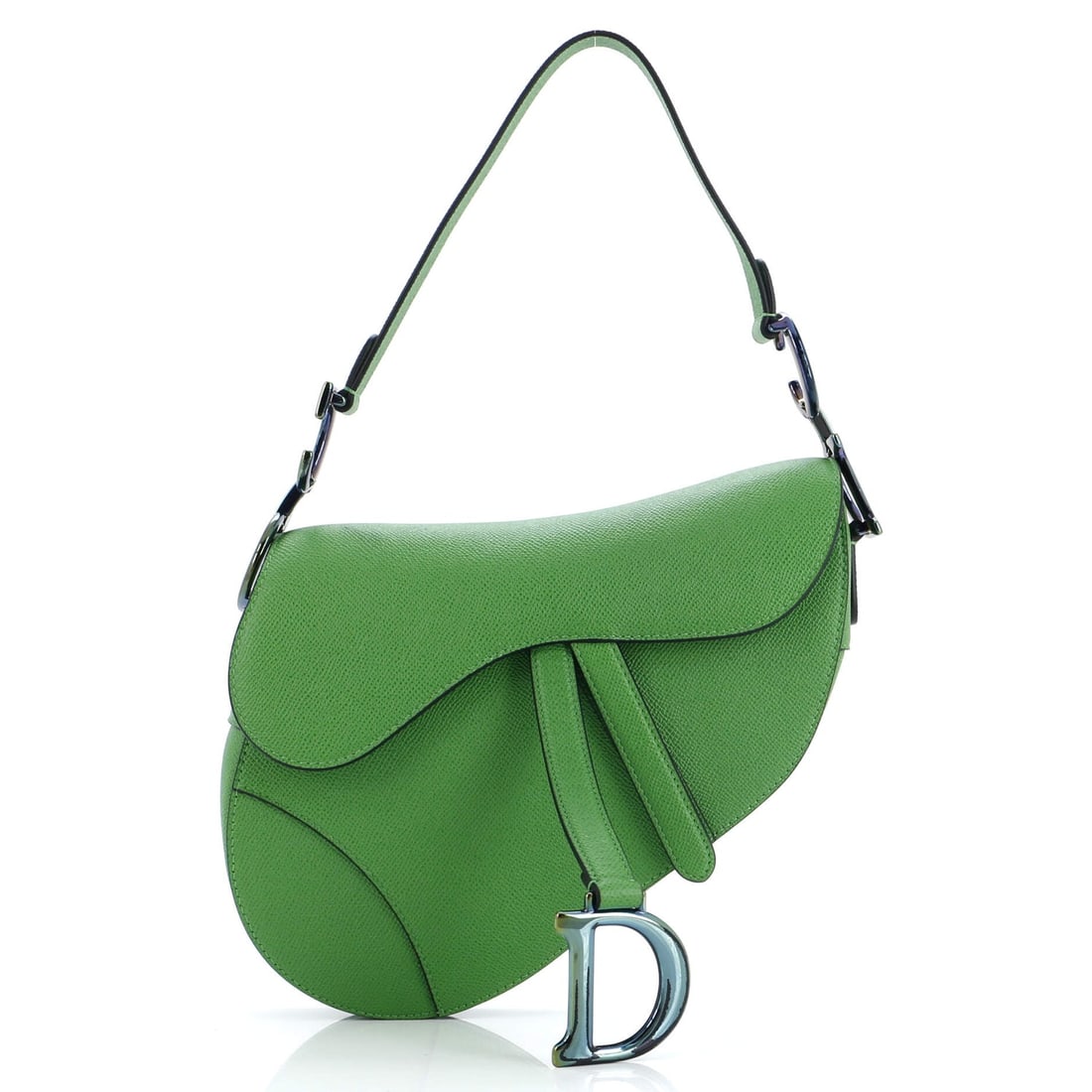 Christian Dior Saddle Handbag Leather with: Christian Dior Saddle Handbag Leather with Iridescent Hardware Medium Exterior Color: Green Interior Color: Green Exterior Material: Leather Interior Material: Suede Hardware Color: Iridescent Rainbow