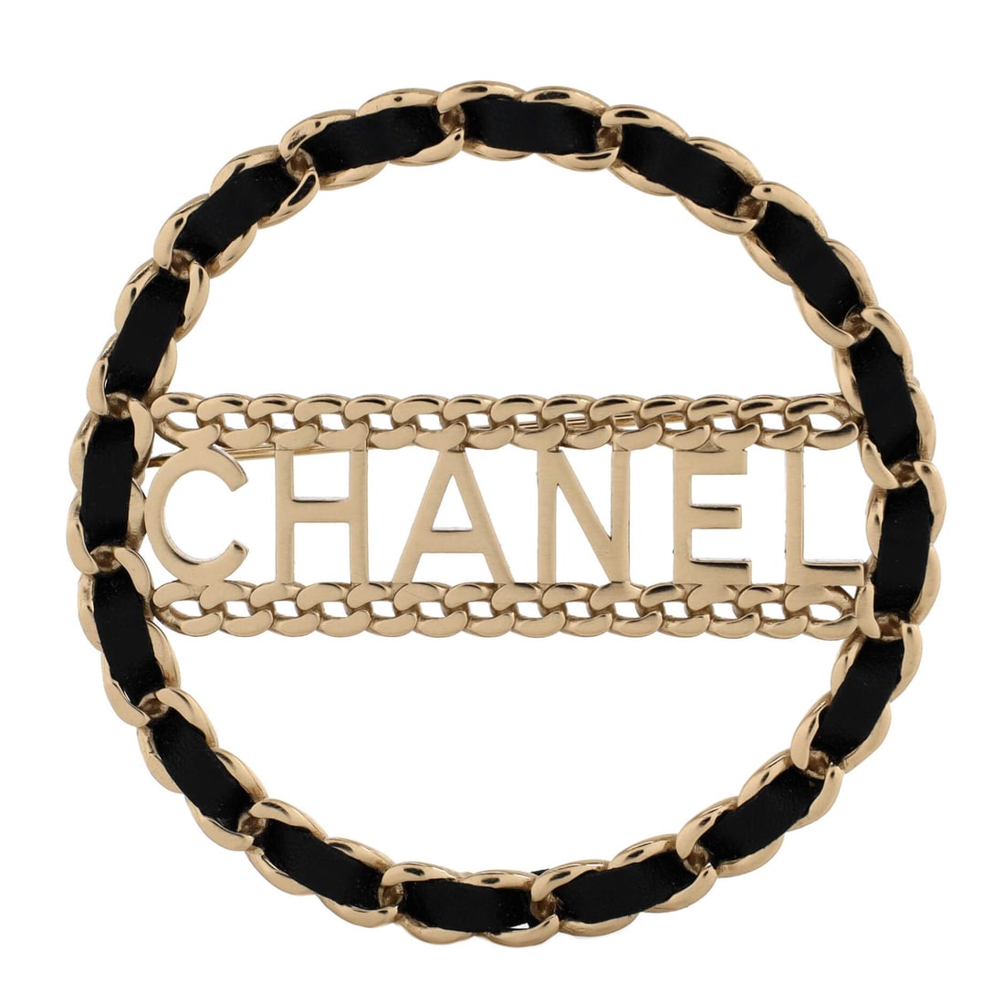 Chanel Logo Chain Link Round Brooch: Chanel Logo Chain Link Round Brooch Metal with Leather Exterior Color: Gold Material: Leather, Metal RBJ no: BO.CH.LCLR.MTWL Item No: 300103/1 Brand Code: B18 K SIZE AND FIT: Length: 2.25 ", Width