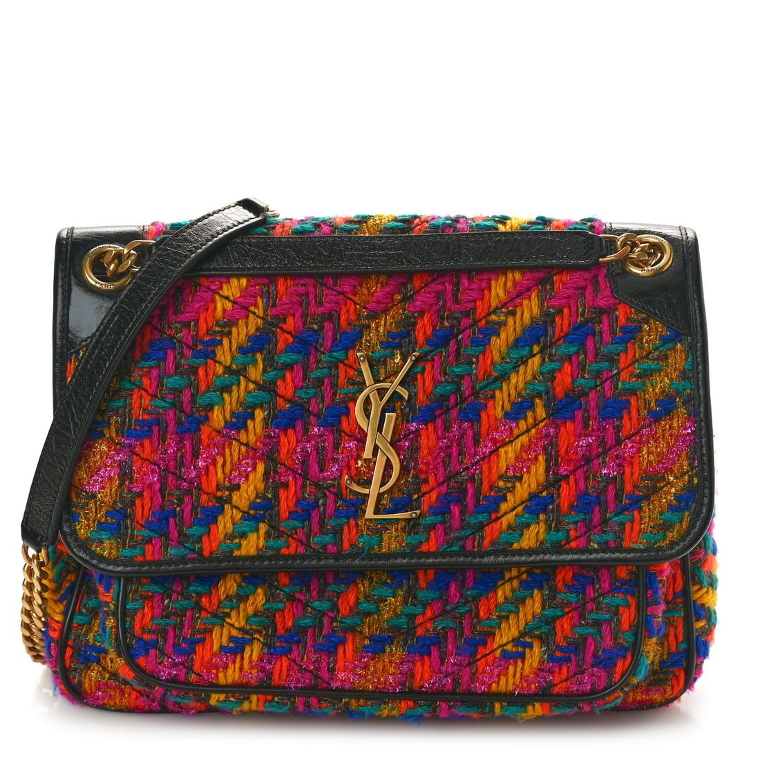Saint Laurent Tweed Calfskin Matelasse Monogram: Saint Laurent Tweed Calfskin Matelasse Monogram Medium Niki Chain Satchel Multicolor Brand: SAINT LAURENT Condition: Shows Wear Condition Details: Exterior: Structure wear, popped stitch(es), faint co