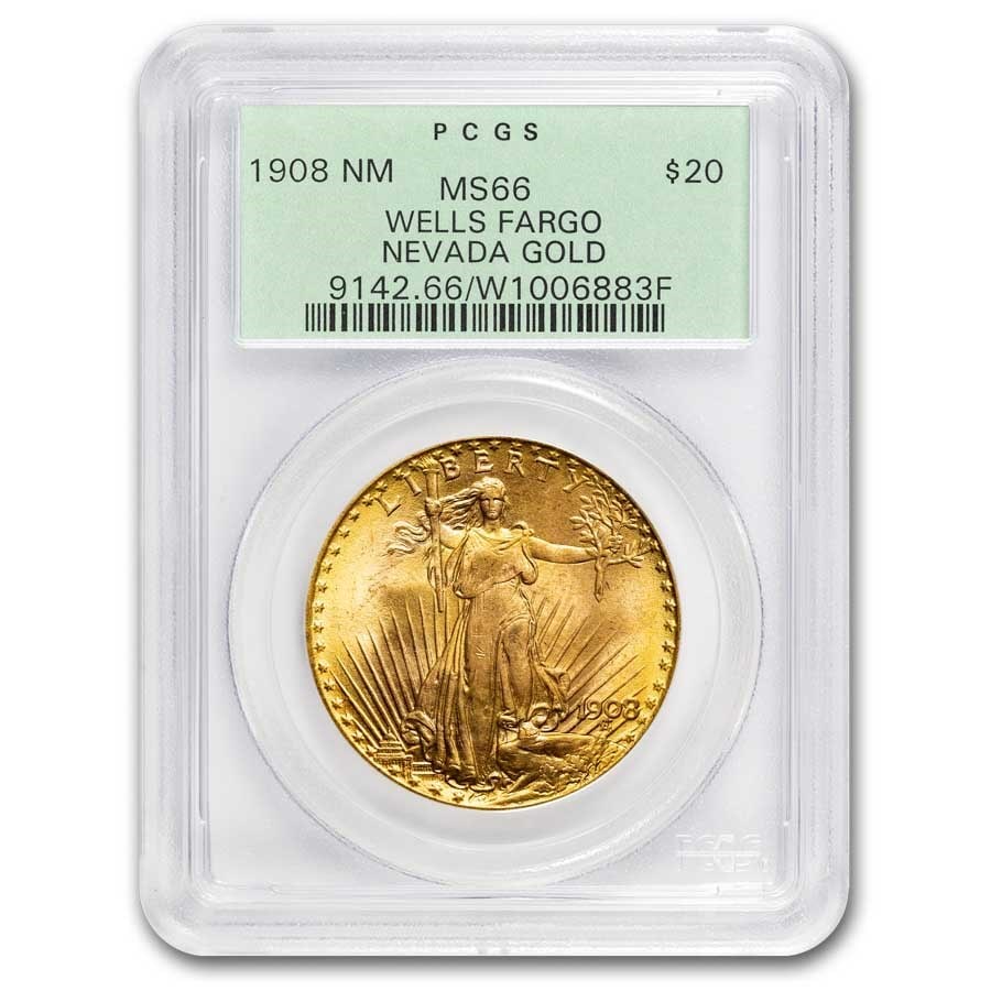 1908 $20 St Gaudens Gold No: 1908 $20 St Gaudens Gold No Motto MS-66 PCGS (Wells Fargo) Product ID: 14456 Year: 1908 Grade Service: PCGS Denomination: 20 Dollars Metal Content: 0.9675 troy oz Purity: .900 Thickness: