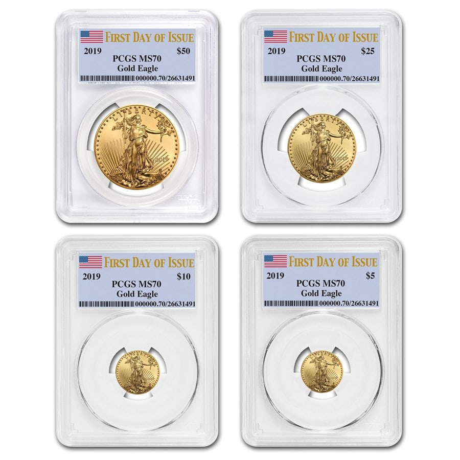 2019 4-Coin Gold Eagle Set MS-70: 2019 4-Coin Gold Eagle Set MS-70 PCGS (First Day of Issue) Product ID: 177808 Year: 2019 Grade: MS-70 Grade Service: PCGS Denomination: Varies Mint Mark: W - West Point (Not Shown) Metal