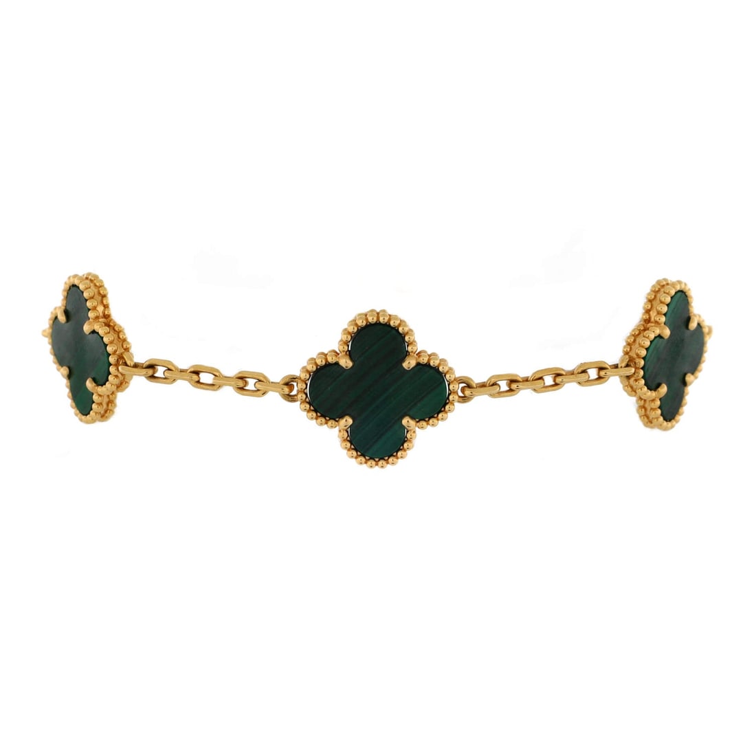 Van Cleef & Arpels Vintage Alhambra: Van Cleef & Arpels Vintage Alhambra 5 Motifs Bracelet 18K Yellow Gold and Malachite Metal Type: 18K Yellow Gold Metal Finish: High Polish Hallmarks Type: 750, Designer Signature, French Eagles Head, M