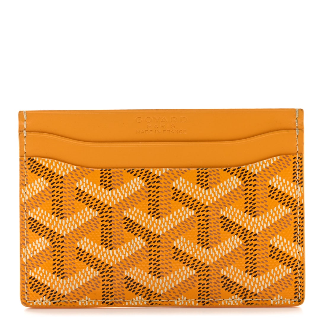Goyard Goyardine Saint Sulpice Card Holder: Goyard Goyardine Saint Sulpice Card Holder Yellow Brand: GOYARD Condition: Shows Wear Condition Details: Exterior: Corner wear, creases, wear at resin glazing, Interior: Card slots are stretched, Base
