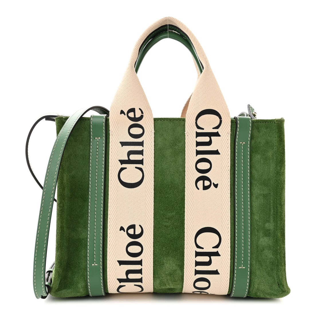 Chloe Suede Calfskin Small Woody Ribbon: Chloe Suede Calfskin Small Woody Ribbon Tote Bright Green Brand: CHLOE Condition: Shows Wear Condition Details: Exterior: Corner wear, popped stitch(es), bald area(s), Interior: Surface wear, Hardware