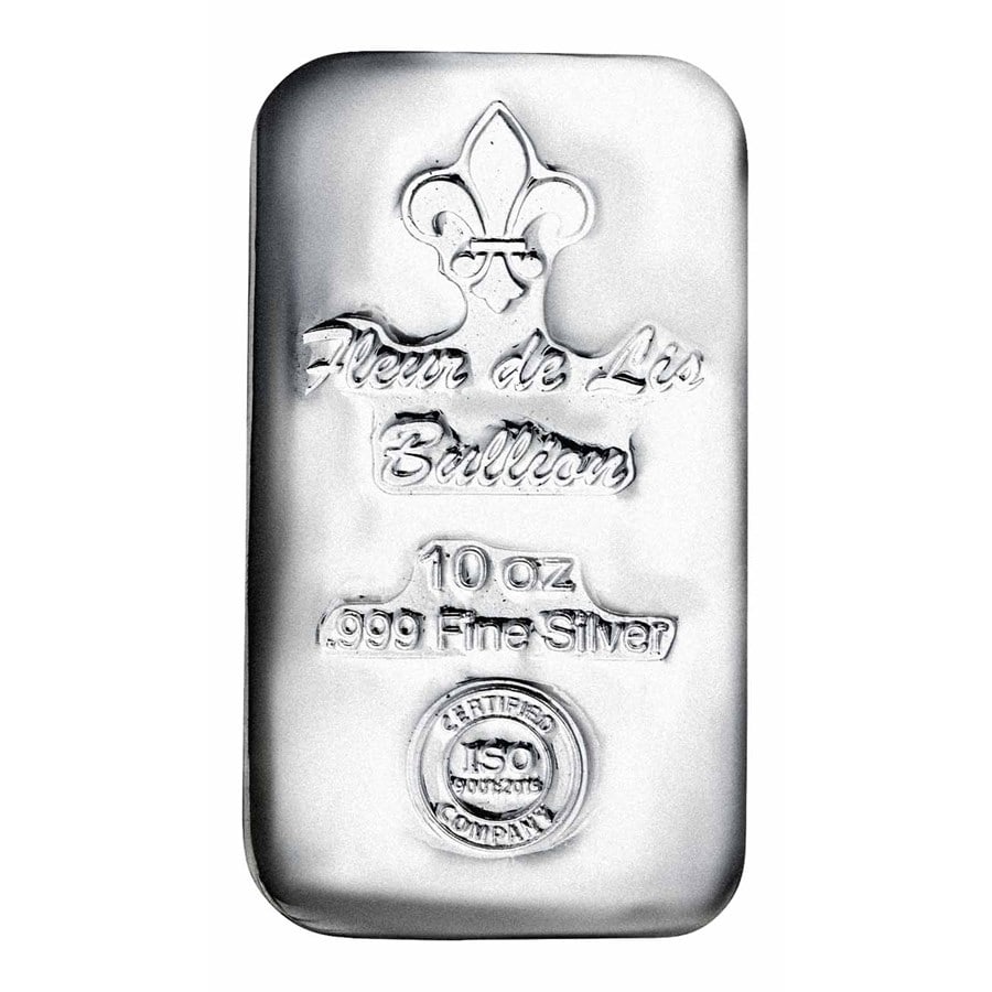 10 oz Cast-Poured Silver Bar -: 10 oz Cast-Poured Silver Bar - Fleur-de-Lis Bullion Product ID: 234940 Grade: None Grade Service: None Mint Mark: N/A - Not Available Metal Content: 10 troy oz Purity: .999 Thickness: 6.5