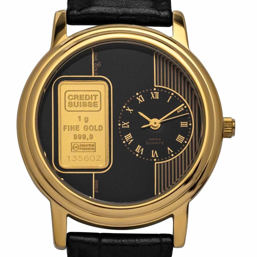 Unisex 1 gram Gold Credit Suisse: Unisex 1 gram Gold Credit Suisse Gold Tone Watch Product ID: 286570 Year: N/A Grade: None Grade Service: None Mint Mark: Not Shown Metal Content: 0 troy oz Purity: .9167 Thicknes