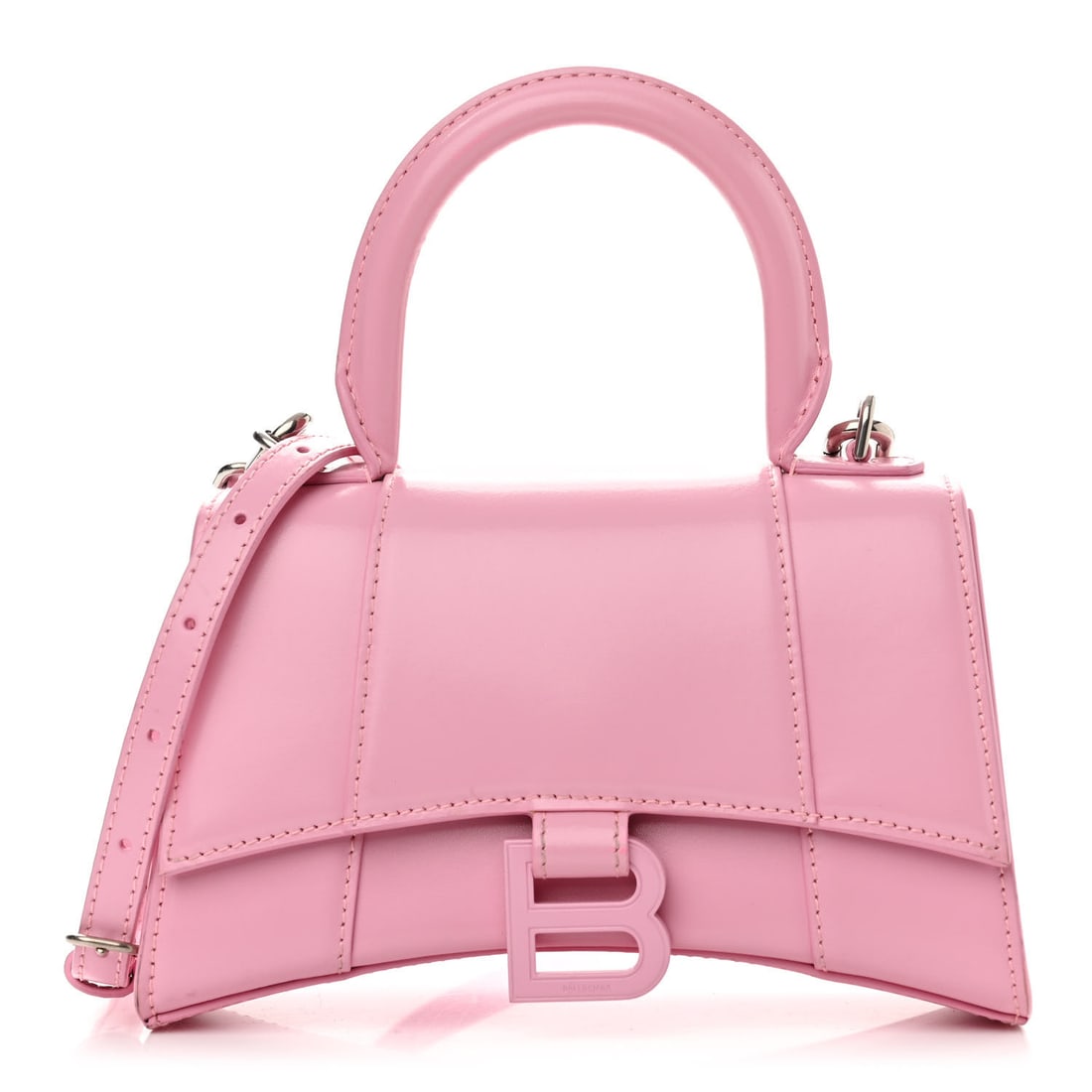 Balenciaga Shiny Box Calfskin Tonal B: Balenciaga Shiny Box Calfskin Tonal B Hourglass Top Handle Bag XS Candy Pink Brand: BALENCIAGA Condition: Shows Wear Condition Details: Exterior: Scuffs, edge wear, marks, surface wear, Handle: Crease