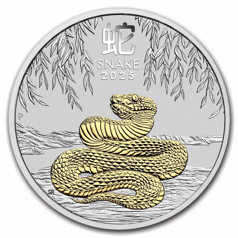 2025 Australia 1 oz Silver Lunar: 2025 Australia 1 oz Silver Lunar Snake (Gilded, w/Box & COA) Product ID: 307661 Year: 2025 Grade: Brilliant Unc Grade Service: None Denomination: 1 Dollar Mint Mark: P - Perth Metal Conte