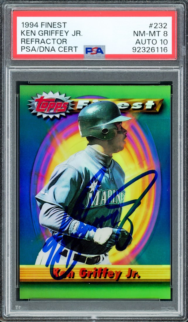 ken griffey jr. 1994 topps finest: ken griffey jr. 1994 topps finest refractor card PSA 8 GEM 10 auto PSA/DNA Ken Griffey Jr. 1994 Topps Finest Refractor Card PSA 8 Gem 10 Auto PSA/DNA SKU no: RBJ8151048814680 Guidelines for Bidding We