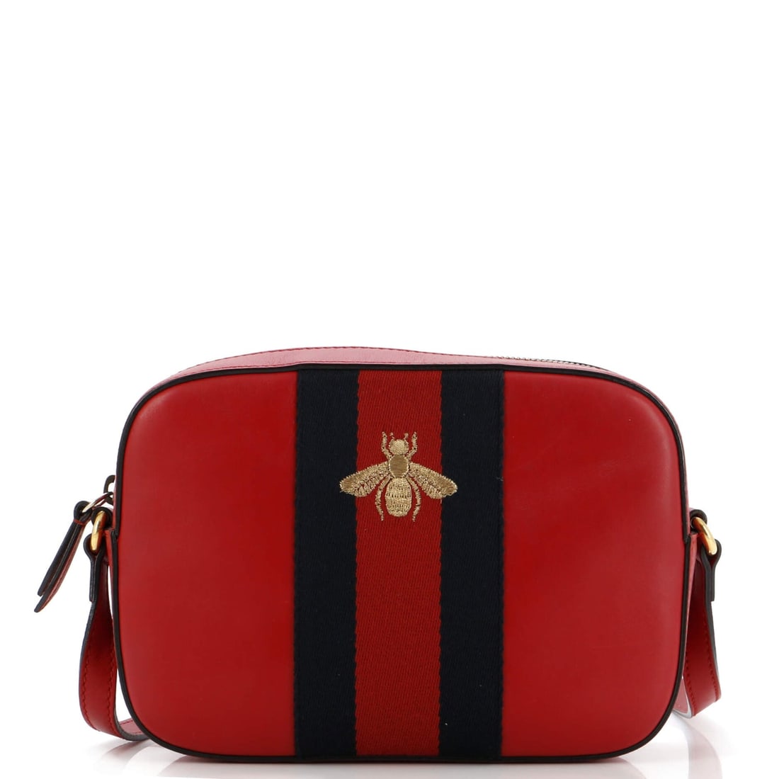 Gucci Bee Web Camera Bag Leather: Gucci Bee Web Camera Bag Leather Exterior Color: Red Interior Color: Neutral Exterior Material: Leather Interior Material: Canvas Plain Hardware Color: Gold Accessories: No Accessories RB